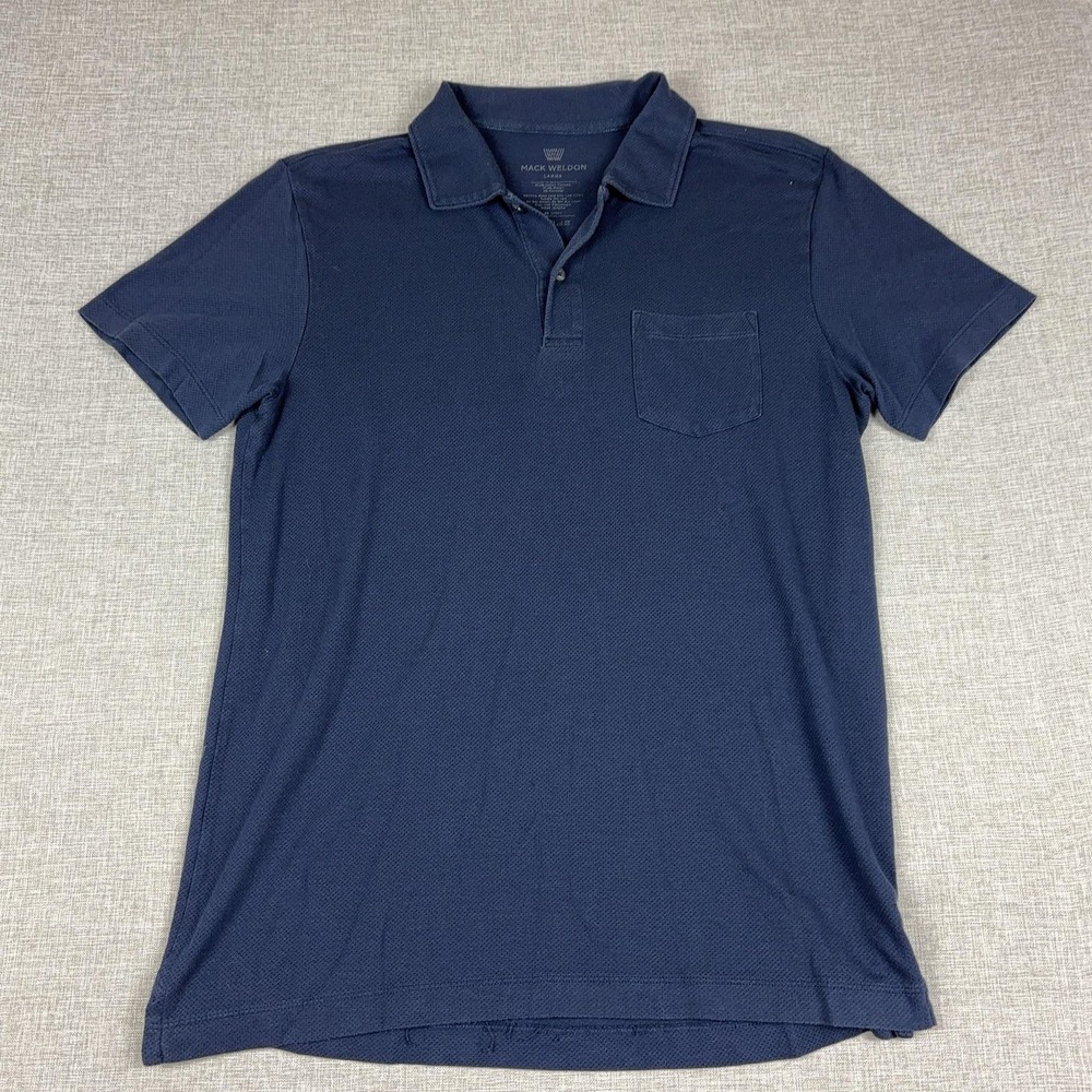 Mack Weldon Polo Shirt Mens Large Blue Textured Knit Stretch Pocket Short Sleeve